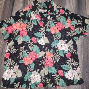 Women's Vintage 3X Hawaiian Camp Shirt Black Floral Button Front Vacation Beach